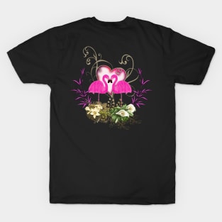 Flamingo in love, heart and flowers T-Shirt